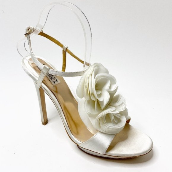 Badgley Mischka Randee White Satin Floral Heels - Picture 1 of 5